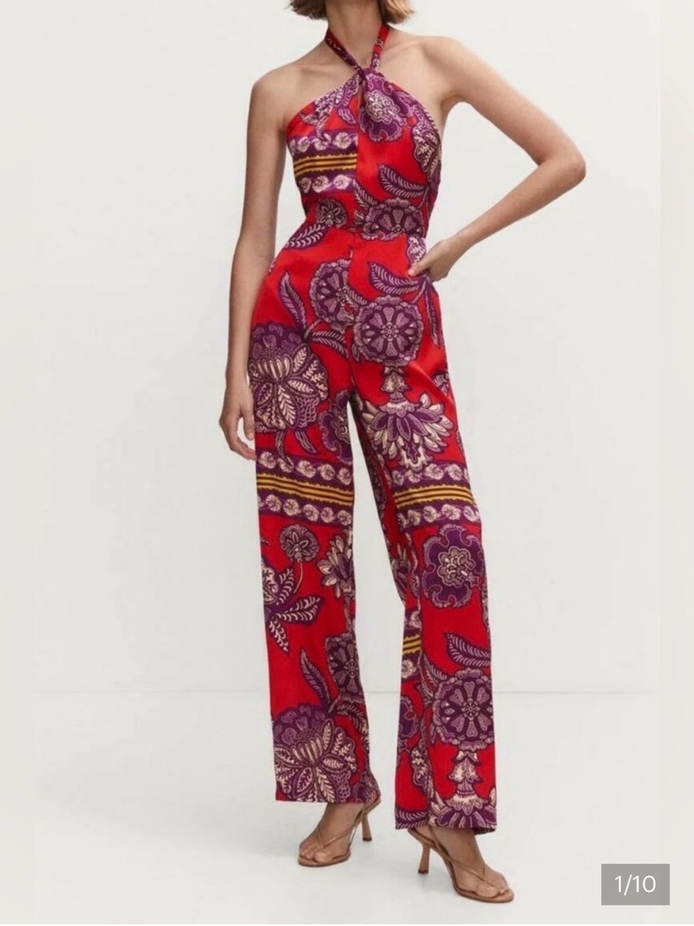Mango Red Halter-Neck Floral Print Jumpsuit